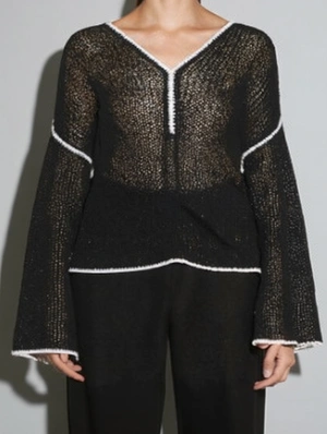 Colorblock V Neck Knitting Sheer Loose Tops
