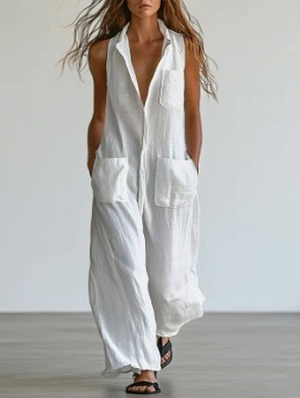 Sleeveless V Neck Lapel Wide Leg Jumpsuits