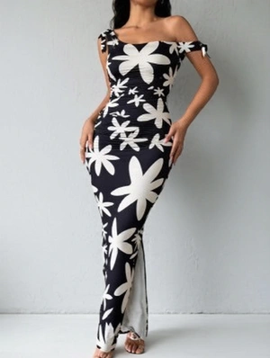 Floral Inclined Shoulder Ruched Split Hem Maxi Dress