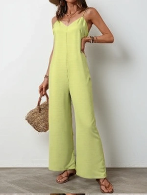 V Neck Solid Backless Wide Leg Jumpsuits