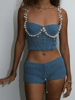 Knitted Crochet Faux Pearl Cropped Short Sets