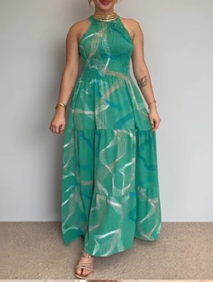Geometric Printed Smocking A-line Swing Maxi Dress