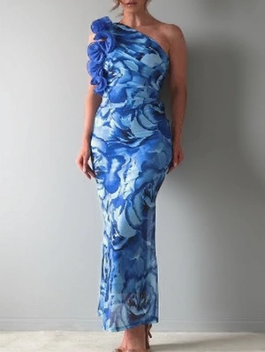 Flower Lacework One Shoulder Fitted Maxi Dress