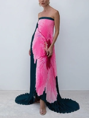Floral Strapless Pleated Swing Maxi Dress