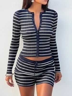 Striped Button Up Cardigan Fitted Short Sets
