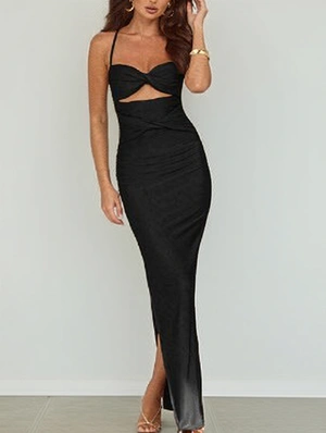 Solid Hollow-out Pleated Split Sleeveless Maxi Dress