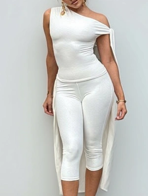 Inclined Shoulder Lace-Up Capri Pants Sets