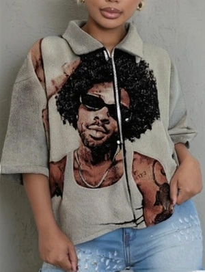 Figure Pattern Lapel Short Sleeve Zipper Blouses