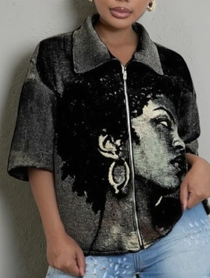 Portrait Printed Lapel Short Sleeve Zipper Blouses