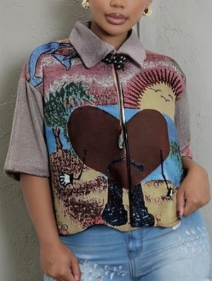 Abstract Cartoon Heart Printed Zipper Lapel Shirt