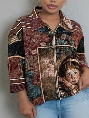 Vintage Cartoon Floral Print Lapel Zipper Blouses