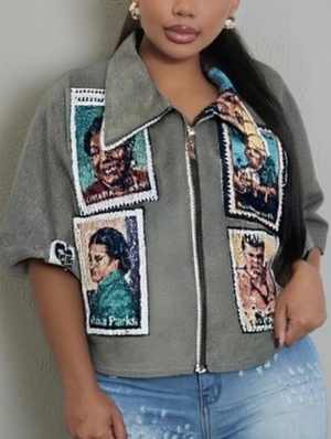 Portrait Stamp Printed Lapel Zipper Blouses