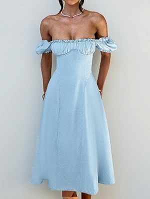 Solid Square Neck Puff Short Sleeve Long Dress