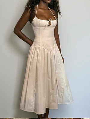Solid Pleated Tie-wrap Halter Long Dress