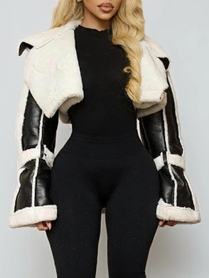 Colorblock Fluff Lapel Cropped Jackets