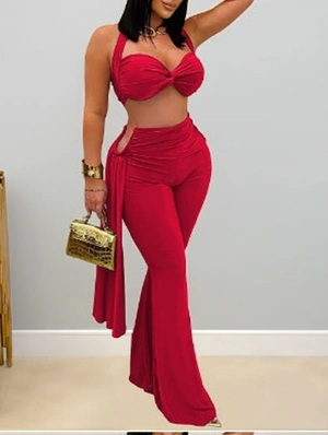 Ruched Halter Backless Ribbons Pant Sets