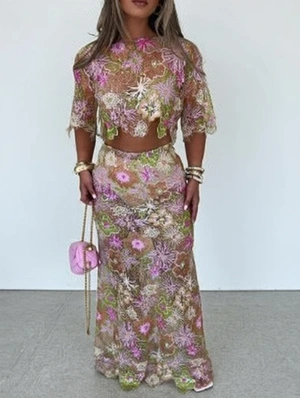 Sheer Floral Embroidery Sequin Cropped Skirt Sets