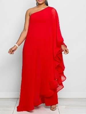 Chiffon Ruffle One Shoulder Flowy Jumpsuits
