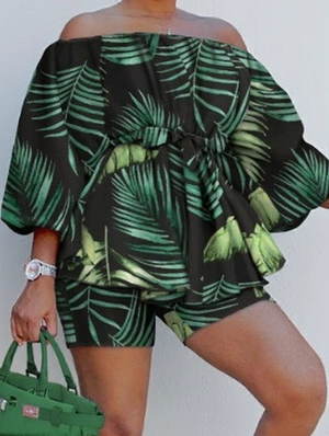 Colorblock Off Shoulder Bandage Short Sets