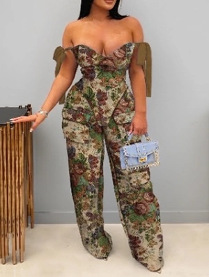 Irregular Floral Printed Lace-Up Cargo Pant Sets