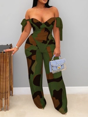 Camo Lace-Up Backless Tank Cargo Pant Sets