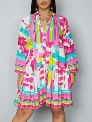 Colorblock V Neck Loose Button Up Midi Dress
