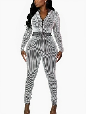 Striped Bodycon Zipper Sweatshirt Pant Sets