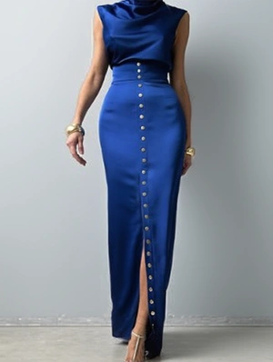 Cowl Neck Button Up Split Hem Skirt Sets