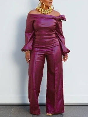 Solid PU Irregular Off Shoulder Pant Sets