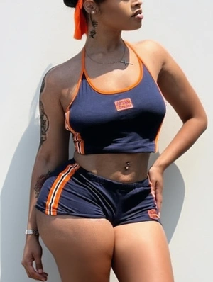 Embroidery Striped Trim Halter Backless Short Sets