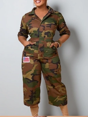 Camo Printed Lapel Cargo Pocket Capri Jumpsuits