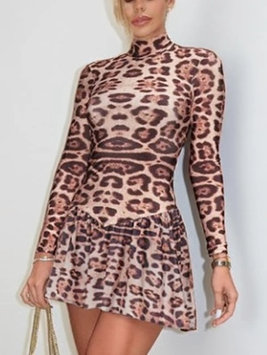 Leopard A-line Ruched Turtleneck Mini Dress