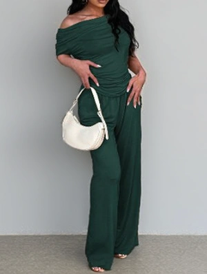 Plain Inclined Shoulder Ruched Pant Sets
