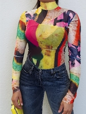 Colorblock Printed Bodycon Long Sleeve Tops