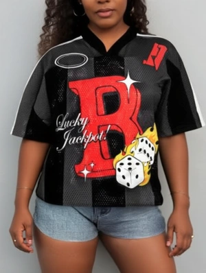 Striped Trim Printed V Neck Mesh Loose Jerseys