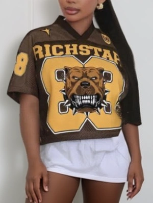 Animal Letter Print Mesh V Neck Loose Jerseys