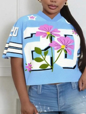 Floral Number Printed V Neck Mesh Jerseys