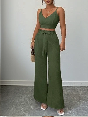 V Neck Smocked Backless Wide Leg Pant Sets
