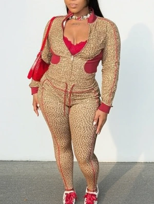 Colorblock Leopard Zipper Cropped Pant Sets