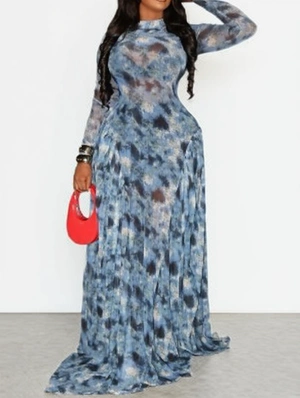 Modernist Printed Mock Neck Long Sleeve Maxi Dress
