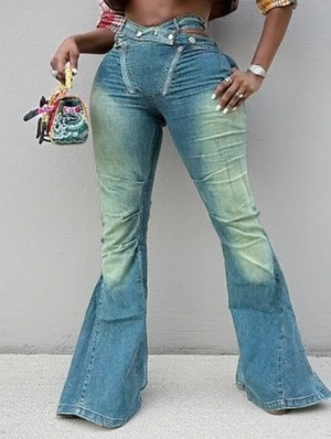 Denim Hollow-out Bodycon Flare Leg Jeans