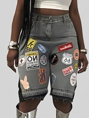 Badge Embroidery Patch Loose Denim Shorts