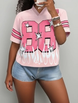 Number Flame Striped Trim Mesh V Neck Jerseys
