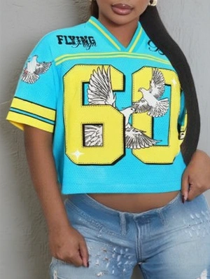 Pigeon Number Striped Trim Print V Neck Jerseys