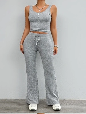 Plain Button Up Cropped Tank Flared Pant Sets