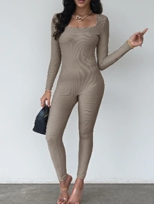 Plain Square Neck Long Sleeve Fitted Jumpsuits