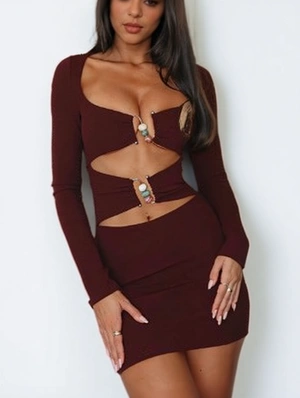 Sexy Hollow-out Beading Long Sleeve Mini Dress