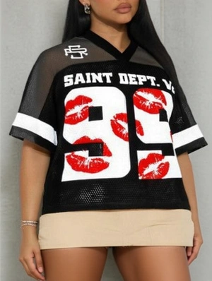 Lips Number Printed Mesh V Neck Loose Jerseys