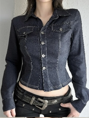 Denim Seam Line Button Up Fitted Lapel Shirt