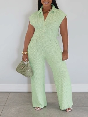 Ruched Lapel Button Up Loose Jumpsuits